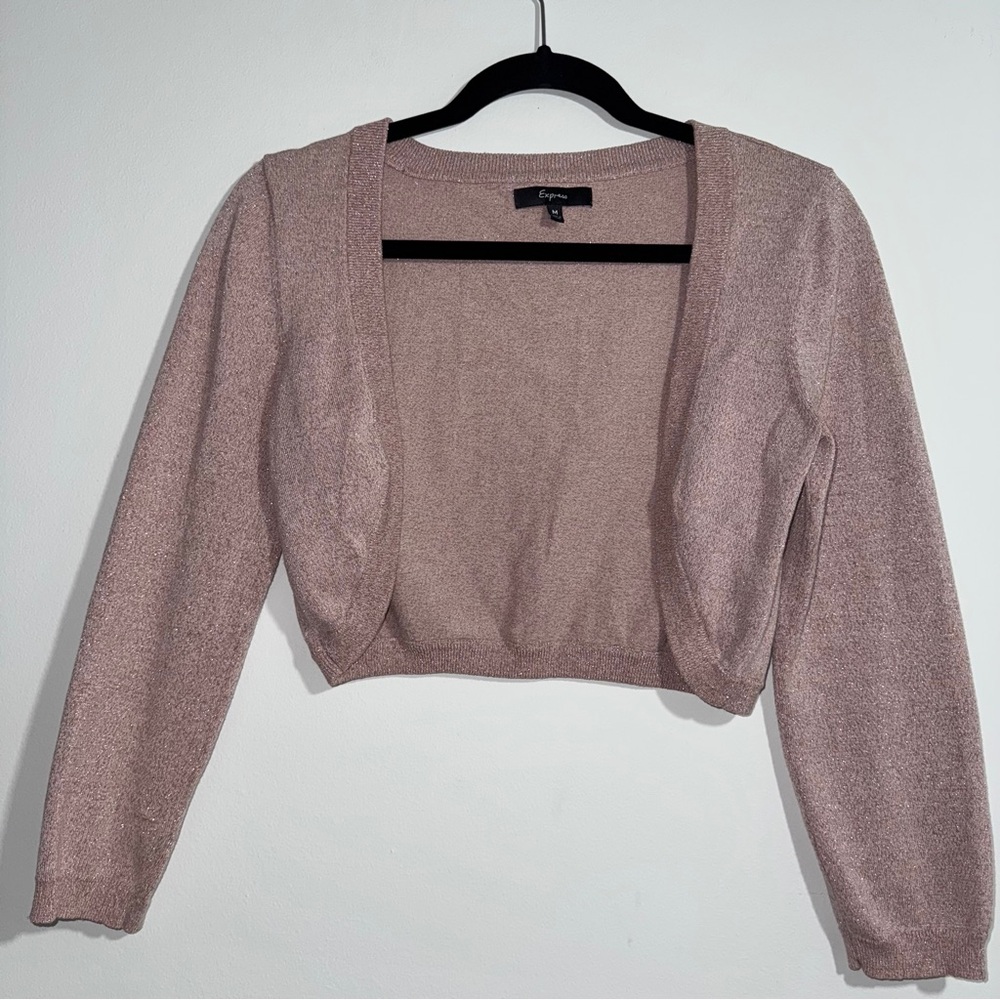 Express Metallic Pink Sparkle Open‎ Front Bolero Cropped Cardigan Size Medium